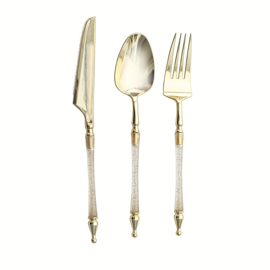24 Pack | Gold / Clear Glittered European Plastic Silverware Set with Roman Column Handle#whtbkgd