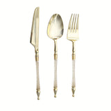 24 Pack | Gold / Clear Glittered European Plastic Silverware Set with Roman Column Handle#whtbkgd