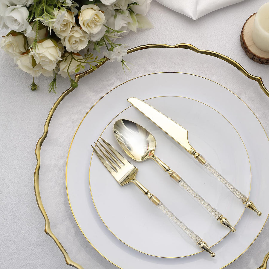 24 Pack | Gold / Clear Glittered European Plastic Silverware Set with Roman Column Handle