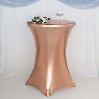 Add a Touch of Elegance with the Metallic Blush Spandex Highboy Cocktail Table Cover Add a Touch of Elegance with the Metallic Blush Spandex Highboy Cocktail Table Cover