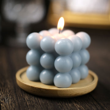 2 Pack 2" Dusty Blue Bubble Cube Long Burning Paraffin Wax Candle Set, Unscented Decorative Pillar Candle Gift