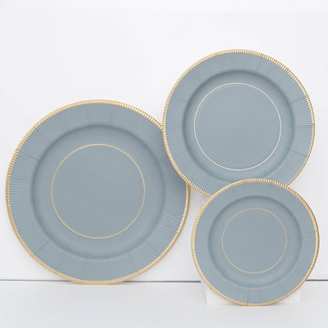 25 Pack 10" Dusty Blue Gold Rim Sunray Disposable Dinner Plates, Heavy Duty Paper Party Plates - 350 GSM