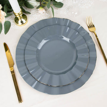 10 Pack 9" Dusty Blue Heavy Duty Disposable Dinner Plates with Gold Ruffled Rim, Hard Plastic Dinnerware