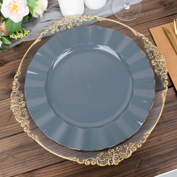 10 Pack 11" Dusty Blue Disposable Dinner Plates With Gold Ruffled Rim, Round Plastic Party Plates
