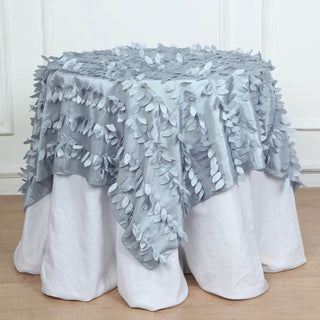 Elevate Your Tablescapes with the 54" Dusty Blue 3D Leaf Petal Taffeta Fabric Seamless Square Table Overlay