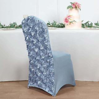 Add Glamour and Elegance to Your Event with the Dusty Blue Satin Rosette Chair Cover Add Glamour and Elegance to Your Event with the Dusty Blue Satin Rosette Chair Cover