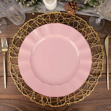 10 Pack 11" Dusty Rose Disposable Dinner Plates With Gold Ruffled Rim, Round Plastic Party Plates