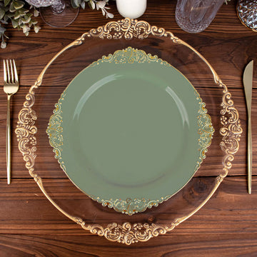 10 Pack 10" Dusty Sage Green Plastic Party Plates With Gold Leaf Embossed Baroque Rim, Round Disposable Dinner Plates