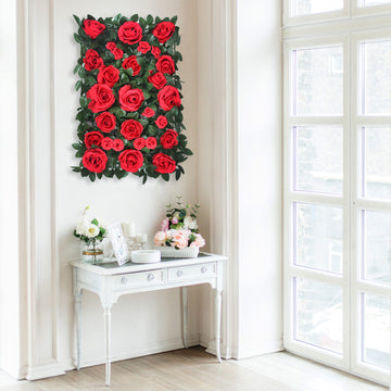 3 Sq ft. Easy-Install Red Silk Rose Flower Mat Wall Panel Backdrop