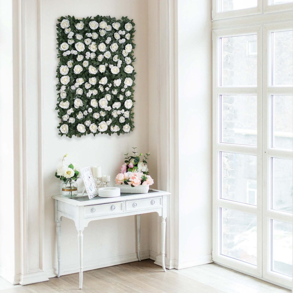 3 Sq Ft. White Silk Rose Flower Mat Wall Panel