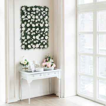 3 Sq ft. Easy-Install White Silk Rose Flower Mat Wall Panel Backdrop