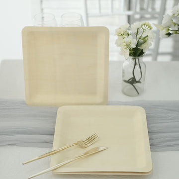 25 Pack 9" Eco Friendly Poplar Wood Square Dinner Plates, Disposable Picnic Plates