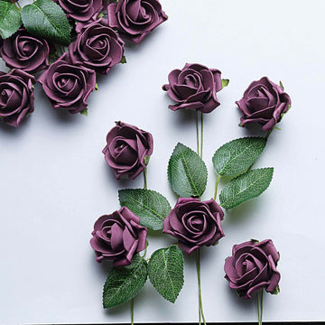 24 Roses 2" Eggplant Artificial Foam Flowers With Stem Wire and Leaves