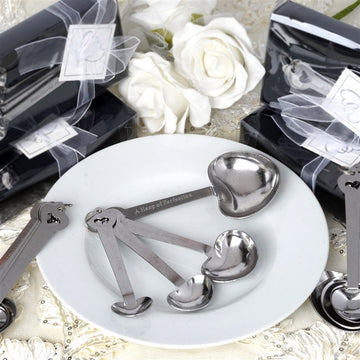 Set of 4 Engraved Silver Heart Measuring Spoon Wedding Party Favors Set, Free Gift Box & Thank You Tag Included