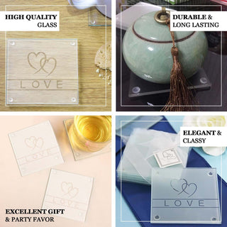 Decorative glass coasters with "LOVE" design, perfect for gifts and parties.
