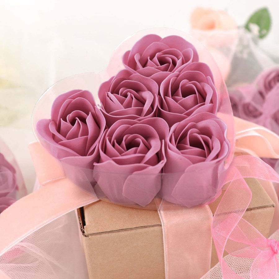 4 Pack | 24 Pcs Dusty Rose Scented Rose Soap Heart Shaped Party Favors With Gift Boxes And Ribbon
