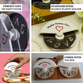 Heart-shaped pizza cutter with stainless steel blade and plastic holder. Perfect gift.