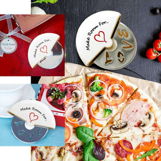 Heart-shaped pizza cutter with "Make Room For Love" inscription.
