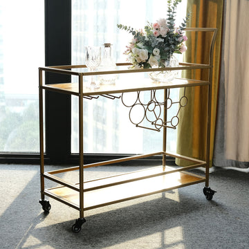 3ft Gold Metal 2-Tier Bar Cart Wine Rack With Wooden Serving Trays, Kitchen Trolley with 5 Wine Bottles and 2 Wine Glass Holder Rack for Events