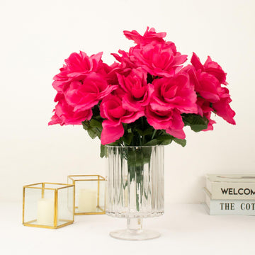 12 Bushes Fuchsia Artificial Premium Silk Blossomed Rose Flowers 84 Roses