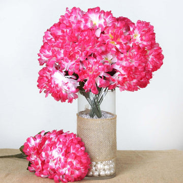 4 Bushes Fuchsia Artificial Silk Chrysanthemums 56 Faux Flowers - Clearance SALE