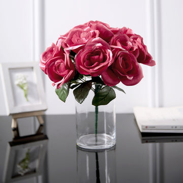 12" Fuchsia Artificial Velvet-Like Fabric Rose Flower Bouquet Bush
