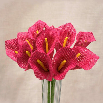 6 Bushes 36 Pcs 10" Fuchsia Burlap Calla Lily Flowers With Stems
