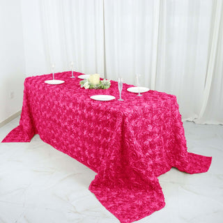 Fuchsia 90"x132" Seamless Grandiose 3D Rosette Satin Rectangle Tablecloth Fuchsia 90"x132" Seamless Grandiose 3D Rosette Satin Rectangle Tablecloth