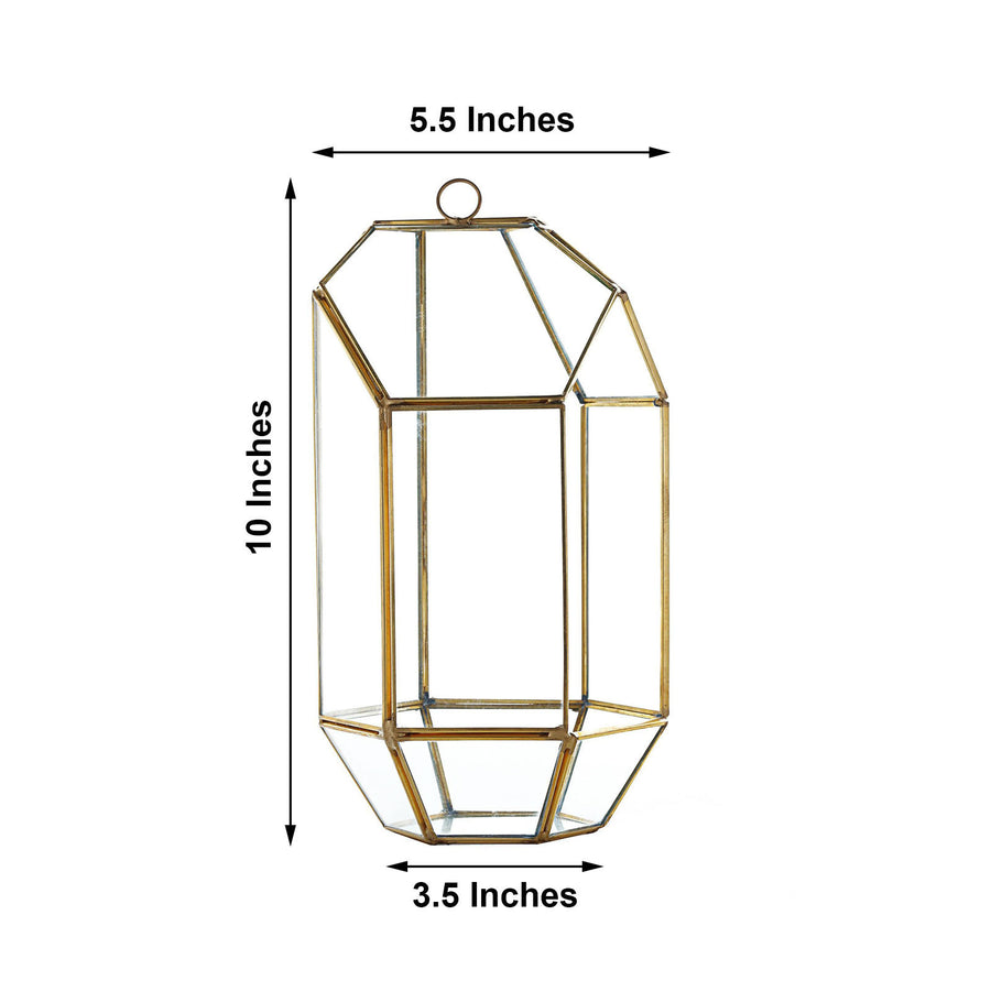 10 inch Heptagon Prism Gold Metal Geometric Glass Terrarium, Multipurpose Air Plants Holder
