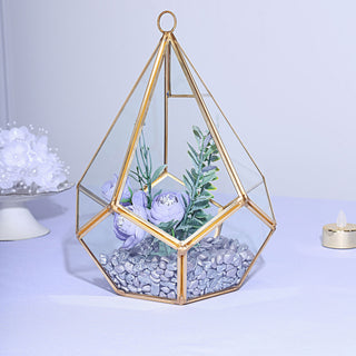9" Hanging Gold Metal Frame Glass Geometric Teardrop Terrarium