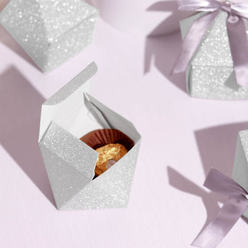 25 Pack 2"x3" Geometric Silver Glitter Wedding Favor Candy Gift Box