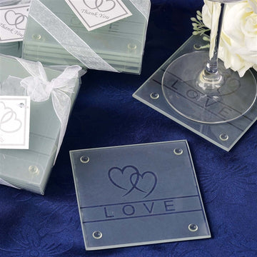 4 Pack 3" Gift Wrapped Love Engraved Square Party Favors Glass Coasters With Thank You Tag