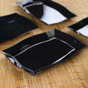 10 Pack 12" Glossy Black Disposable Rectangular Serving Trays With Wave Trimmed Rim