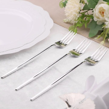 24 Pack 8" Glossy Silver Heavy Duty Plastic Silverware Forks, Shiny Cutlery, Premium Disposable Flatware