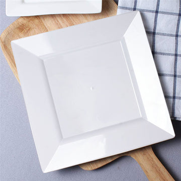 10 Pack 10" Glossy White Square Disposable Dinner Plates With Wide Rim