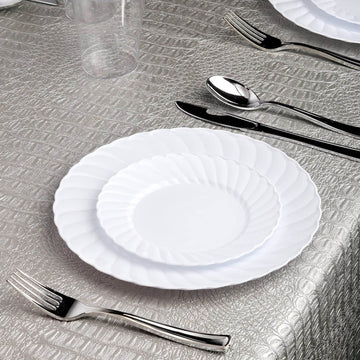 12 Pack 6" Glossy White Swirl Rim Disposable Salad Plates, Round Plastic Dessert Appetizer Plates
