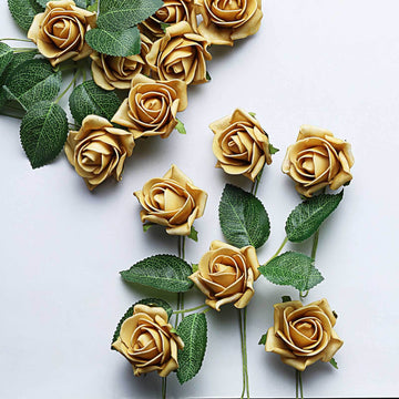 24 Roses 2" Gold Artificial Foam Flowers With Stem Wire and Leaves