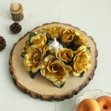 4 Pack 3" Gold Artificial Silk Rose Flower Candle Ring Wreaths