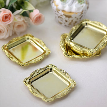 12 Pack 3" Gold Baroque Mini Square Sweet Treats Serving Platter, Party Favor Candy Display Tray