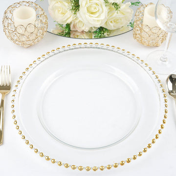 8 Pack 12" Gold Beaded Round Glass Charger Plates, Event Tabletop Decor