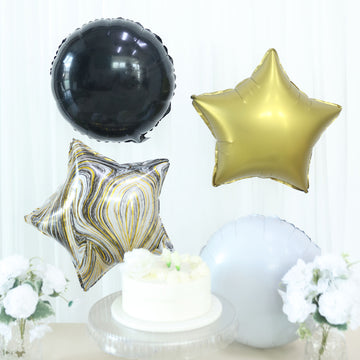 Set of 6 Gold Black Marble Mylar Foil Party Balloon Set, Star, Round and Crown Balloon Bouquet With Ribbon, Party Decorations