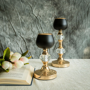 Set of 2 Gold Black Metal Crystal Lamp Tealight Votive Candle Holder - 7"11"