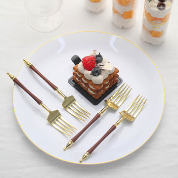24 Pack 6" Gold Brown Plastic Dessert Forks With Roman Column Handle, European Style Disposable Silverware
