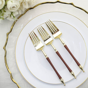 24 Pack 8" Gold Brown Plastic Forks With Roman Column Handle, European Style Disposable Silverware