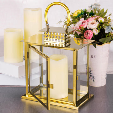 10" Gold Cage Top Stainless Steel Candle Lantern Centerpiece Outdoor Metal Patio Lantern