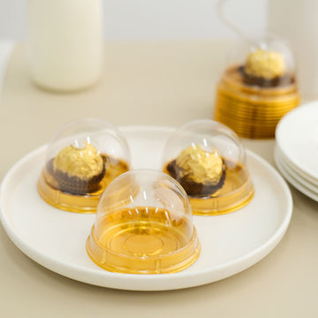 50 Pack Gold Clear 3" Mini Plastic Cupcake Favor Containers, Round Dome Party Boxes Treat Display Holder
