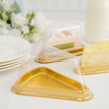 50 Pack Gold Clear Plastic Cake Slice Favor Containers, Triangle Party Boxes Treat Display Holder - 6"x4.5"x2.5"