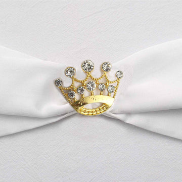 2" Gold Diamond Metal Crown Sash Bow Pin, Rhinestone Tiara Chair Wrap Band Buckle Brooch