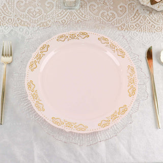 Elegant and Durable 10 Pack Gold Embossed 10" Plastic Dinner Plates in Round Blush Elegant and Durable 10 Pack Gold Embossed 10" Plastic Dinner Plates in Round Blush