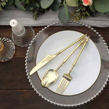 24 Pack Gold European Style Plastic Silverware Set with Roman Column Handle, Disposable Fork, Spoon and Knife Utensil